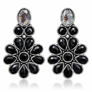 Fashion Flower Stud <b>Earrings</b> with <b>Black</b> Stone | Oxidized Silver Floral Stud <b>Earrings</b> | Indian Ethnic Fashion Jewelry - Product Image 1