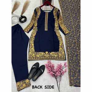 PANTALON DE TRAVAIL DE SÉQUENCE DE BRODERIE GEORGETTE À LA MODE AVEC DUPATTA BLEU MARINE - Product Image 2