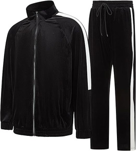 COMFORTABLE CASUAL MEN'S TRACK SUIT | SOLID BLACK VELOUR 2-PIECE OUTFIT | BREATHABLE ZIP JACKET PANTS <b>WHITE</b> <b>PANELING</b> LIGHTWEIGHT - Product Image 2