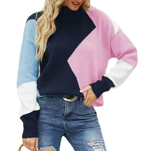 Pull à capuche en tricot color block pour femme, col rond, manches longues, vêtement décontracté - Product Image 1