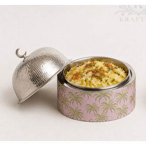 Casserole de luxe en acier inoxydable de style arabe avec motif palmier et poignée en forme de croissant de lune, chauffe-plat isolé - Product Image 2