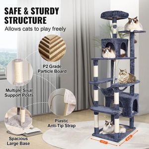Torre per Gatti da Interno 183 cm, Classica con 2 Cuccette, Tiragraffi in Sisal, Piattaforma Superiore e Piattaforme per Salti, Grande Giocattolo per Felini - Product Image 6
