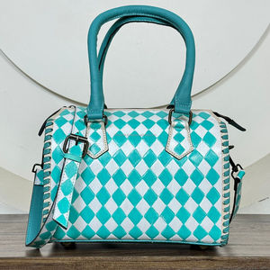 Sac à langer en cuir véritable à carreaux turquoise personnalisé 2025 avec sac de voyage tendance Ensemble assorti mignon en deux pièces - Product Image 5