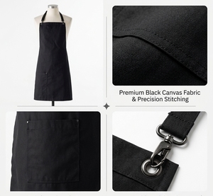 Tablier unisexe noir personnalisable avec poche pour le personnel de service de restaurant et de bar, uniforme en tissu tissé, fermeture à boutons-pression, manches courtes - Product Image 4
