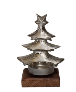 Handmade Aluminum Christmas <b>Tree</b> <b>Ornament</b> Medium Size Rustic Style Star Top Candle Holder Wooden Base Tabletop Decor Living Room - Product Image 2