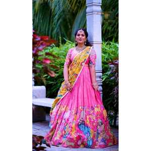 CREPÉ DE MODA KALAMKARI ESTAMPADO TRABAJO LEHENGA CHOLI CON DUPATTA PINK Gharara - Product Image 1