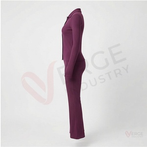 <b>Women</b> <b>Burgundy</b> 2 Piece Set Long Sleeve Turn Down Collar Button <b>Top</b> Flared Leg Pants - Product Image 3