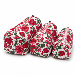 Luxury Red Rose Print 3 Piece Quilted Makeup Pouch Set Cotton Cosmetic <b>Bags</b> for Women Travel <b>Vanity</b> Toiletry Organizer Gift Set - Product Image 5