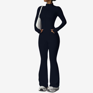 Women's Black Turtleneck Full Length <b>Jumpsuit</b> With Flared Legs High Waist Seamless Four-Way Stretch Pockets Long Sleeve - Product Image 1