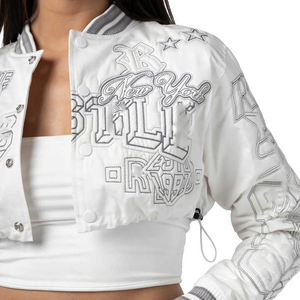 Veste universitaire blanche pour femme, courte, à manches longues, imprimé lettres, boutonnée, col rabattable, vêtement d'extérieur décontracté pour le printemps - Product Image 6
