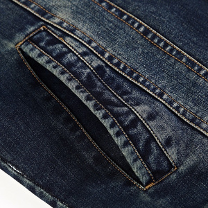Veste en jean pour homme bleu foncé, col rabattu, décontractée, en coton délavé, coupe classique, style automne, simple boutonnage, coupe ajustée - Product Image 5