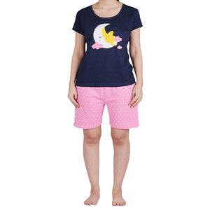 Womens <b>2</b> <b>Piece</b> Shorts <b>Set</b> Cotton Knitted Casual Loose Fit O-Neck Short Sleeve Cartoon Print Pink <b>White</b> Dots Spring Summer Outfit - Product Image 1