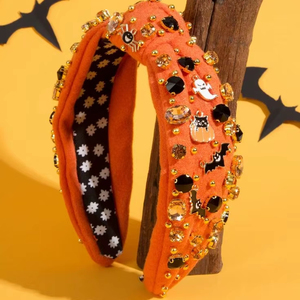 Halloween Orange Orange with Black & Gold <b>Headband</b> Pumpkin Ghost Bat Crystal Handmade Knotted Hair Accessory for Women & Girls - Product Image 1