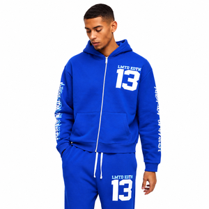 Conjunto de chándal azul con capucha, de largo completo, corte holgado, estilo urbano, sudadera y pantalones de algodón con estampado de letras blancas y cierre con cordón. - Product Image 3