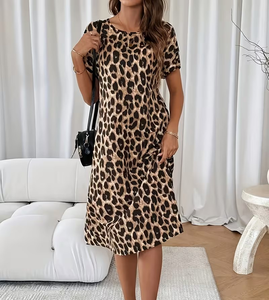 Leopard Print Short Sleeve O-Neck Loose Midi Dress Casual Summer Woven Breathable Women's Dress - Product Image 2