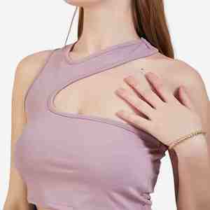 Débardeur court asymétrique à découpes pour femme, couleur unie, respirant, en tricot de spandex et polyester, sans manches, idéal pour l'été – Nouvelle collection très prisée - Product Image 3