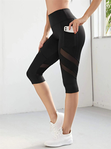 Women's <b>Black</b> Seamless Capri Yoga Pants High Elastic <b>Cropped</b> <b>Leggings</b> Mesh Panels Waist Pocket Casual Fitness Sport Wholesale - Product Image 5
