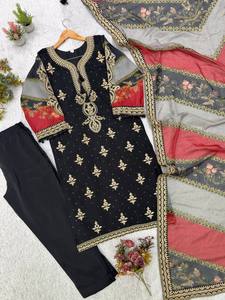 Conjunto de Salwar Kameez Étnico para Mujer, Kurta Bordada, Traje Palazzo, Chal Estampado de Secado Rápido, Ropa Formal para Fiestas, India, Pakistán - Product Image 6