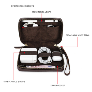 Organisateur de voyage en cuir véritable avec fermeture éclair, rangement multifonctionnel pour câbles de charge et accessoires électroniques - Product Image 4