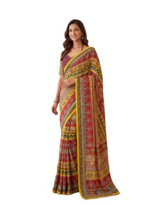 RN Traditional Indian Ethnic Digital Ajrak Print Elegant <b>Saree</b> Mirror Work for Women <b>Red</b> Yellow Floor Length Polyester Quick Dry - Product Image 2