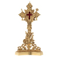 Reliquaire/Monstrance en laiton antique finition dorée, design traditionnel, croix rouge centrale, pour table, durable, en métal, pour salon