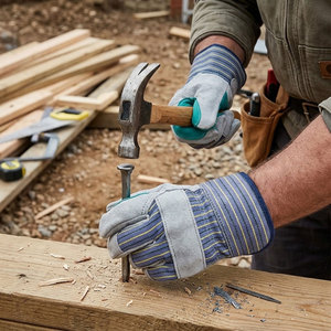 Gants de travail robustes en cuir de vachette renforcé avec dos en toile de coton, poignets caoutchoutés et doublure intérieure en polaire - Product Image 4
