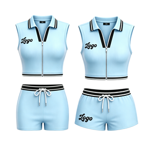 Conjunto Deportivo de 2 Piezas para Mujer, Top de Manga Corta con Cierre y Pantalones Cortos de Lona Tejida, Color Sólido, Estilo Halter, Ajuste Deportivo, Transpirable, para Primavera - Product Image 3