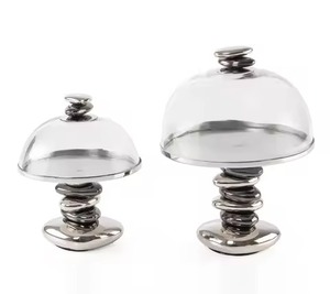 Modern Stainless Steel Pebble Base <b>Cake</b> Stand with Glass Dome Cloche <b>Cover</b> Decorative Stacked Stone Dessert Platter Display Hold - Product Image 1