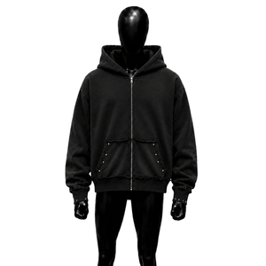 Sudadera con capucha extragrande negra con cremallera para hombre, estilo relajado, holgado y cómodo para el día a día, con bolsillos delanteros y detalles de tachuelas, informal. - Product Image 1