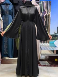 Elegant Women's Floor Length Abaya V Neck Long Sleeve Loose Fit Polyester Modest Dress Solid Color Daily Wear Middle East Style - Product Image 1
