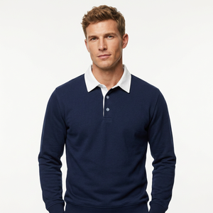 Polo de Manga Larga Azul Marino para Hombre, Estilo Casual de Algodón Tejido Sólido con Cuello Blanco y Diseño de Botones, Hecho en Bangladesh - Product Image 5