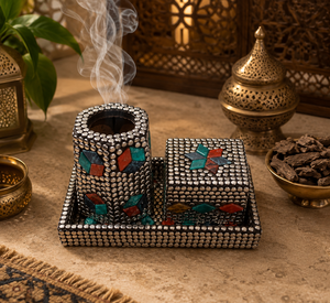 Custom Wood Brass Studded Bakhoor Burner Set with Tray & Storage <b>Box</b> Arabic Mabkhara Wholesale <b>Gift</b> For Ramadan <b>Eid</b> Home Decor - Product Image 2