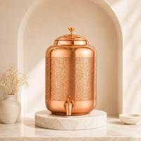 Pot à eau en cuivre pur écologique, Matka indien artisanal gravé de motifs floraux, récipient à boisson avec couvercle, pichet 5L