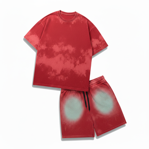 Ensemble d'été décontracté pour homme, rouge délavé, à épaules tombantes, en tissu tricoté 100% coton, séchage rapide, écologique, avec logo frontal 300 - Product Image 3