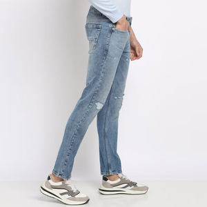 Most Selling Men <b>Light</b> Blue Straight Distressed Denim Jeans Embroidered Dragon <b>Rainbow</b> Pattern Mid Waist Button Fly - Product Image 2