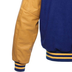 Chaqueta Varsity Azul y Dorada para Hombre con Mangas de Cuero, Estilo Preppy, Chaqueta Universitaria de Béisbol, Corte Regular, Cuello Camisero - Product Image 4