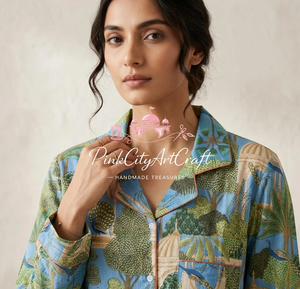 Pijama Elegante de Algodón Puro Hecho a Mano con Estampado Floral Azul, Ecológico, para Verano, Otoño y Primavera, para Mujer, de Manga Larga y con Botones - Product Image 3