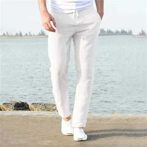 Pantalon homme en coton et lin, nouvelle collection automne, respirant, couleur unie, style streetwear fitness, taille mi-haute, devant plat et fermeture à cordon. - Product Image 2