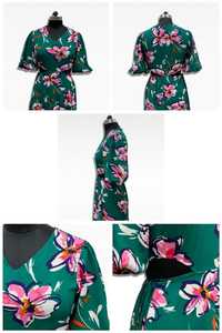 Floral Print V-Neck Midi <b>Dress</b> With Flutter Sleeves <b>A</b>-<b>Line</b> Casual Summer <b>Dress</b> Green Pink <b>Pattern</b> Woven Fabric - Product Image 4