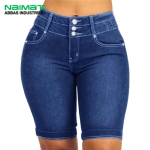 Women Triple Button High Waist Denim Shorts Plus Size Skinny Fit Bermuda Jean Shorts Summer Slimming Blue Pants - Product Image 1