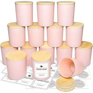 Paquete de 15 Frascos de Vidrio Vacíos Color Rosa para Velas con Tapas de Bambú y Etiquetas Adhesivas, Elegantes Portavelas y Faroles - Product Image 1