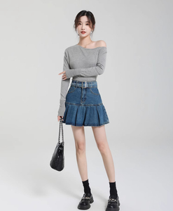 Jupe courte décontractée pour femme, style cargo classique, en denim semi-extensible délavé à l'acide, avec fermeture éclair avant et boutons, tendance 2026 - Product Image 2