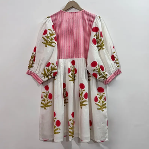 Vestido Casual Midi para Mujer, Tejido 100% Algodón, Estampado Floral, Mangas Abullonadas, Cintura Imperio, Estilo Babydoll, Cuello en V, Corte Holgado - Product Image 5