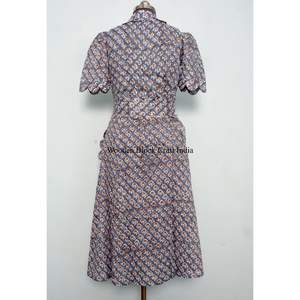 Robe midi pour femme 100 % coton, très vendue, écologique, lavable, nettoyage à sec, respirante, boutonnée au dos, imprimée, col en V, manches courtes - Product Image 6