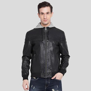 Chaqueta de Cuero Genuino Negra Personalizada para Hombre, Estilo Bomber con Capucha Gris, Corte Ajustado, Piel de Oveja Suave, Ropa Casual de Calle - Product Image 1