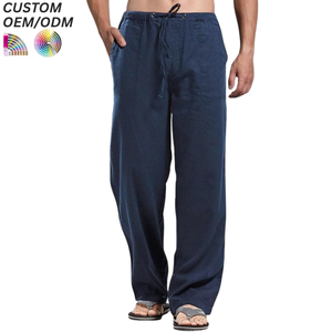 Lightweight Casual Plain Dyed Linen/Cotton <b>Drawstring</b> Closure Multi-Pocket Men's Pants & <b>Trousers</b> - Product Image 4