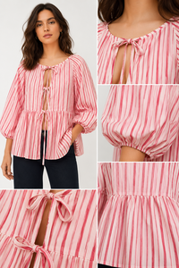 Blusa de Otoño, Nueva, Estilo Vintage, Informal, para Mujer, Combinable con Todo, con Cordones, Manga Larga, de Poliéster Liso Teñido - Product Image 6