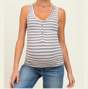 Latest Design Good Quality Striped Print Fashionable Short Sleeve Maternity T-Shirt Buttons Pregnancy Wear Summer 100% Cotton - Product Image 4