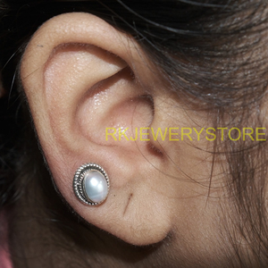 Natural Mother of Pearl Stud Earrings 925 Sterling Silver Handmade Oval Cabochon Vintage Statement Jewelry Gift for Women <b>Wife</b> - Product Image 2