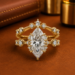 Vintage Jewelry Curved Double Band <b>14K</b> Solid <b>Gold</b> Marquise Cut Lab Grown Diamond IGI Certified Milgrain Border Engagement <b>Rings</b> - Product Image 2